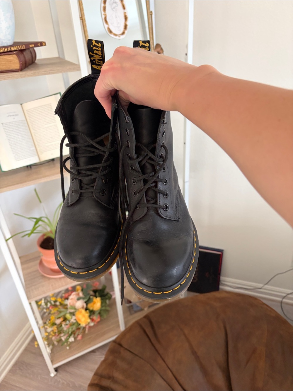 Dr. Martens Black Leather Lace-Up Boots with Yellow Stitching